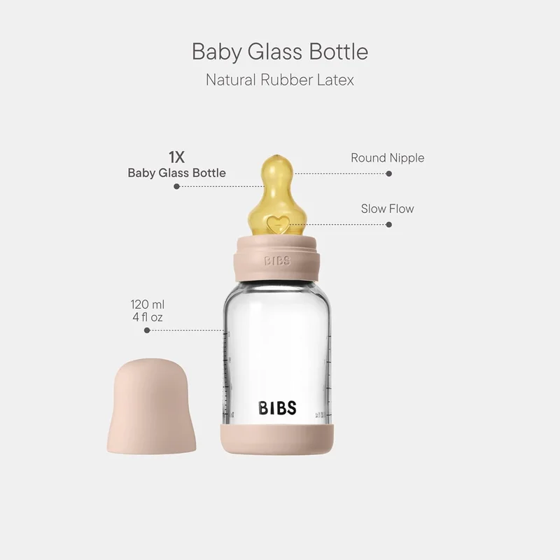 BIBS BIBS Glass Baby Bottle with Natural Rubber Nipple - 120ml