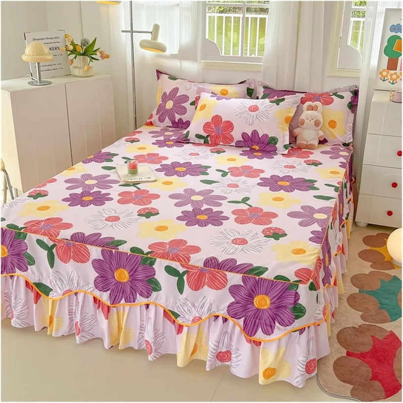 Wrap Around Bedding Skirt,Flower Print Bedskirt,3 Side Coverage Ruffle Bed with 2 Pillowcase(Color-14,120x200cm 3pcs) - Image 1