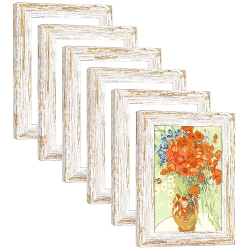 DEKWINN Rustic Distressed Retro Style White Photo Frame 4x6 Picture Frame Set of 6 with Real Glass for Pictures 4x6 Without Mat, Wall Gallery or Tabletop display - Image 1