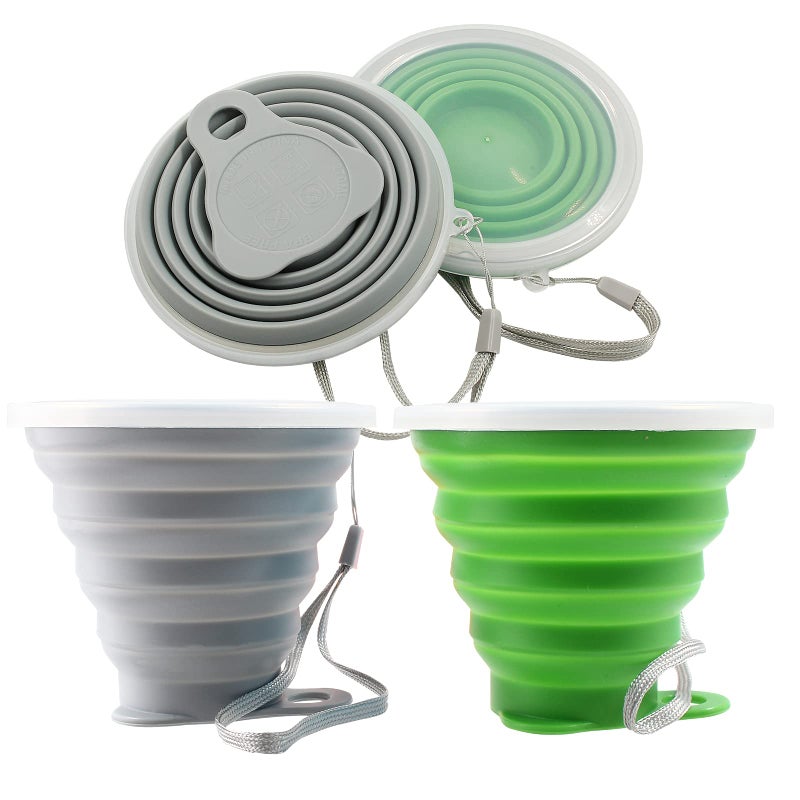 Litoexpe 2 Pack Silicone Collapsible Travel Cup Portable Folding Camping Cup Sets with Lids, Grey & Green - Image 1