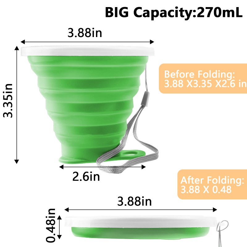 Litoexpe 2 Pack Silicone Collapsible Travel Cup Portable Folding Camping Cup Sets with Lids, Grey & Green - Image 2