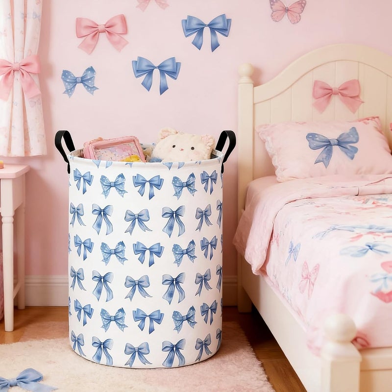 FANKANG Storage Basket, Nursery Hamper Canvas Laundry Basket Foldable with Waterproof PE Coating Large Storage Baskets for Kids Boys and Girls, Office, Bedroom, Clothes,Toys(bowknot) - Image 4