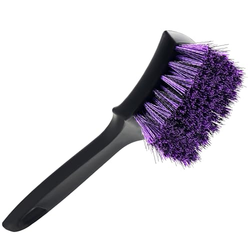 YeewayVeh Pro Tire Cleaning Brush Stiff Mixed Bristles Tire Cleaner Short Handle Scrub Brush for Cleaning Sidewalls Rubber Mats Wheels AntiDeformation Tyre Detailing Tool PurpleBlack - Image 1