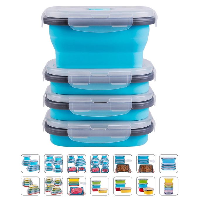 Annaklin Collapsible Food Storage Containers with Lids & Vent, 11.8 oz, Kitchen Stacking Silicone Collapsible Meal Prep Container Set for Leftover, Microwave Freezer Dishwasher Safe, Blue Small 4 Pack - Image 1