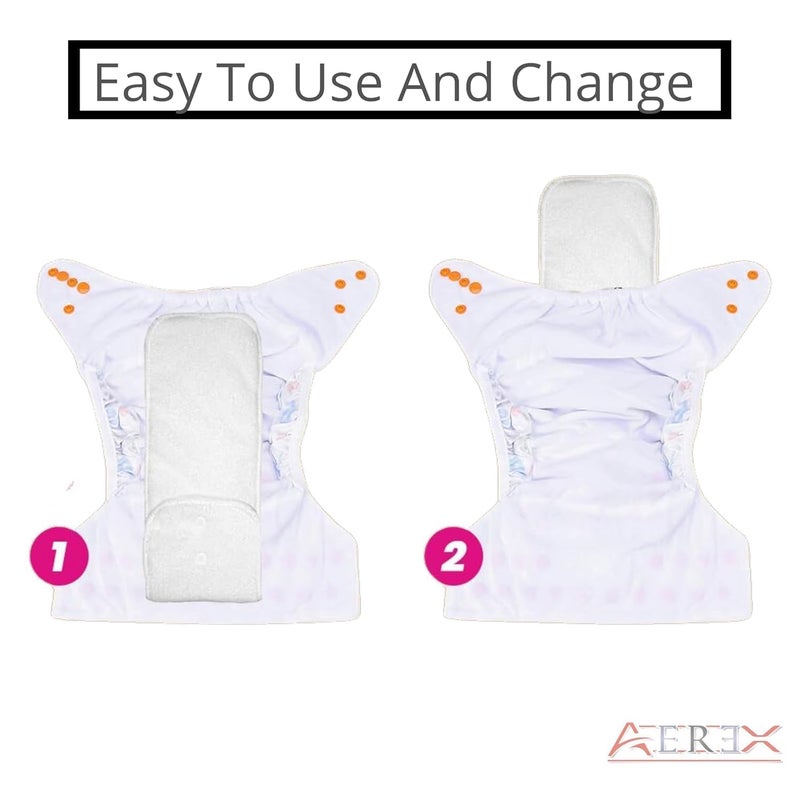 AEREX Premium Reusable Baby Cotton Cloth Diapers For 0 to 3 Years With Insert Pads Leak Proof Washable Diapers For New Born Babies Adjustable Pocket Cloth Diaper Nappies (Multicolor, Pack of 6) - Image 3