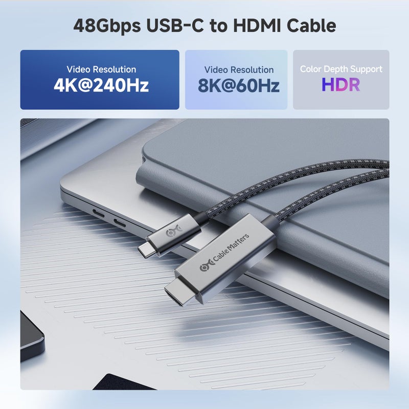 Cable Matters 48Gbps 8K USB C to HDMI 2.1 Cable 6 ft, Support 4K 240Hz and 8K 60Hz HDR - Thunderbolt 3, Thunderbolt 4, USB4 Compatible with iPhone 16/15 - Max Resolution on Any MacBook is 4K 60Hz - Image 2