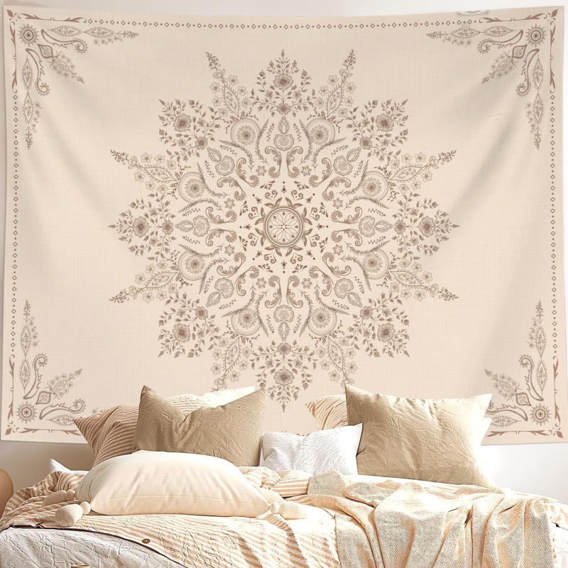 Neasow Bohemian Tapestry Wall Hanging, Beige Grey Floral Tapestry with Mandala Flower Medallion Print Bedroom Boho Home Decor 36Ã—48 inch - Image 1