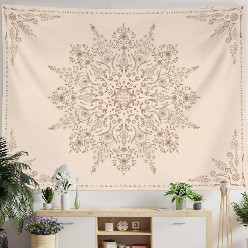 Neasow Bohemian Tapestry Wall Hanging, Beige Grey Floral Tapestry with Mandala Flower Medallion Print Bedroom Boho Home Decor 36Ã—48 inch - Image 3
