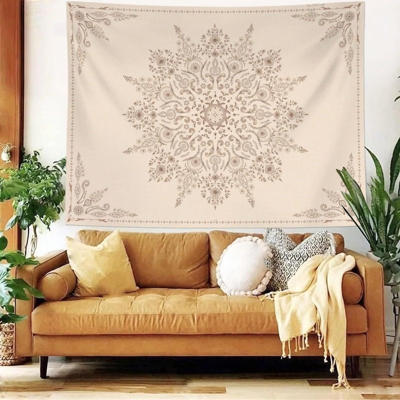 Neasow Bohemian Tapestry Wall Hanging, Beige Grey Floral Tapestry with Mandala Flower Medallion Print Bedroom Boho Home Decor 36Ã—48 inch - Image 4
