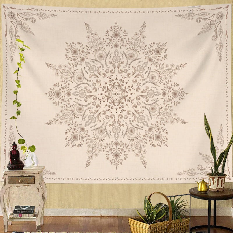 Neasow Bohemian Tapestry Wall Hanging, Beige Grey Floral Tapestry with Mandala Flower Medallion Print Bedroom Boho Home Decor 36Ã—48 inch - Image 2