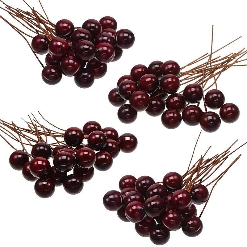BBTO BBTO Artificial Holly Berries  100 Pieces Mini 10 mm Fake Berries Decor on Wire for Christmas Tree Decorations Flower Wreath DIY Craft Use (Dark Red)  - Image 1