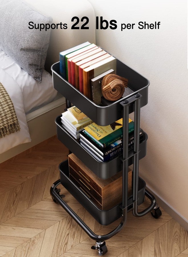 Pipishell 3 Tier Metal Rolling Utility Cart, Heavy-Duty Storage Rolling Cart with 2 Lockable Wheels, Multifunctional Mesh Organization Utility Cart for Kitchen Dining Room Living Room (Black) - Image 3