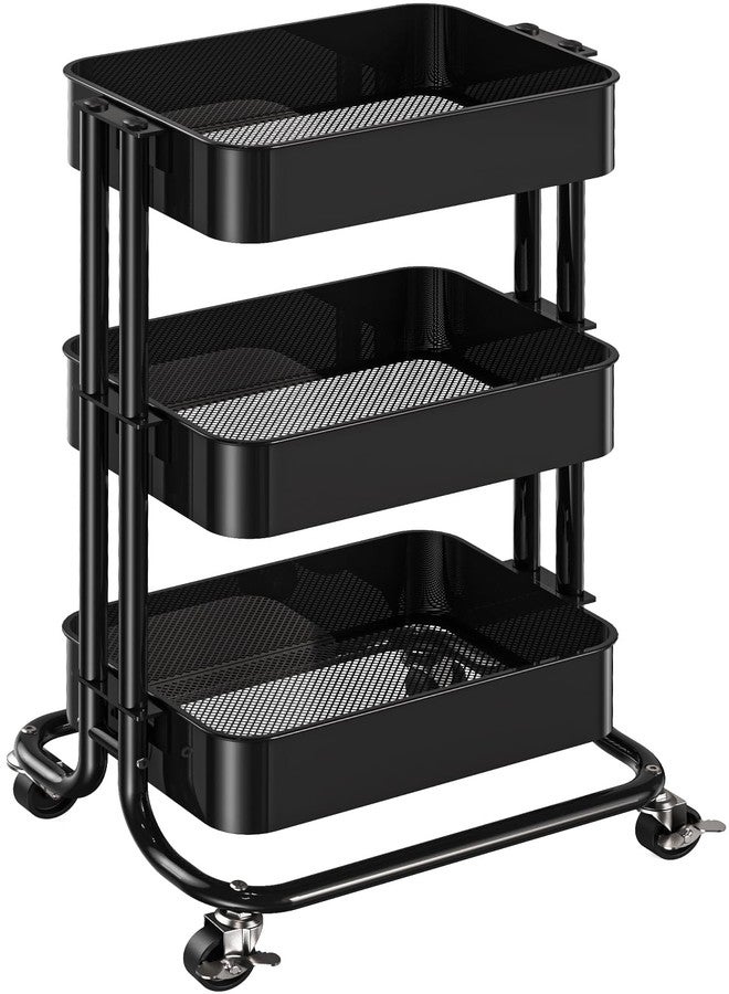 Pipishell 3 Tier Metal Rolling Utility Cart, Heavy-Duty Storage Rolling Cart with 2 Lockable Wheels, Multifunctional Mesh Organization Utility Cart for Kitchen Dining Room Living Room (Black) - Image 1