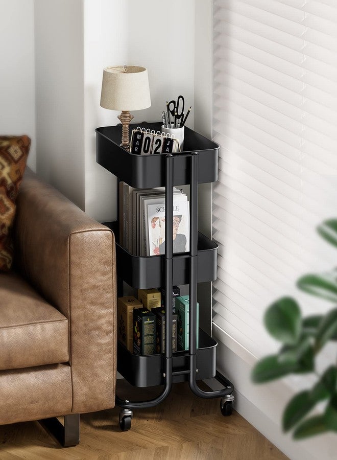 Pipishell 3 Tier Metal Rolling Utility Cart, Heavy-Duty Storage Rolling Cart with 2 Lockable Wheels, Multifunctional Mesh Organization Utility Cart for Kitchen Dining Room Living Room (Black) - Image 2