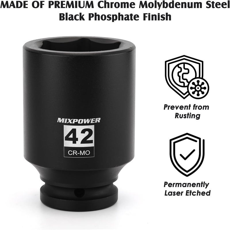 MIXPOWER 3/4" Drive Deep Impact Socket, CR-MO, 42mm, Metric, 6 Point, Axle Nut Impact Grade Socket for Easy Removal - Image 3