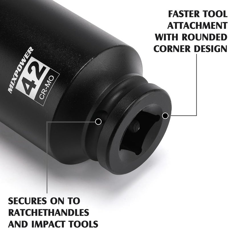 MIXPOWER 3/4" Drive Deep Impact Socket, CR-MO, 42mm, Metric, 6 Point, Axle Nut Impact Grade Socket for Easy Removal - Image 4