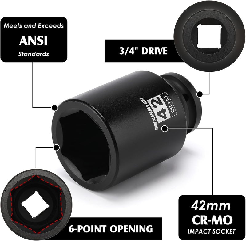 MIXPOWER 3/4" Drive Deep Impact Socket, CR-MO, 42mm, Metric, 6 Point, Axle Nut Impact Grade Socket for Easy Removal - Image 2