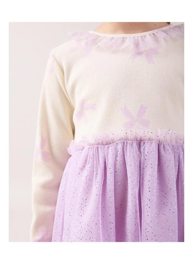 Magu Girls’ Cotton Ecru Lilac Star Patterned Tulle Skirt Dress Set – Long Sleeves.