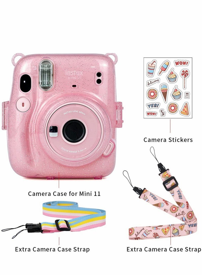 Instant Camera Case for Fujifilm Instax Mini 11 Clear Protective Anti-Scratch with Colored Shoulder Straps (Glitter Pink2) - Image 2