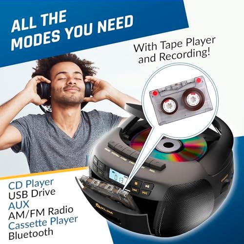 KLIM CD Player & Cassette Tape Player, Bluetooth Boombox, AM/FM Radio, Stereo Sound, Remote, CD and Cassette Combo, Tape Recording, USB Drive, AUX, AC/DC Powered - Image 3