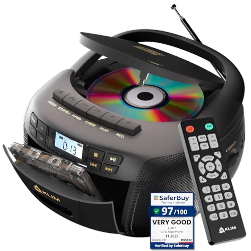 KLIM CD Player & Cassette Tape Player, Bluetooth Boombox, AM/FM Radio, Stereo Sound, Remote, CD and Cassette Combo, Tape Recording, USB Drive, AUX, AC/DC Powered - Image 1
