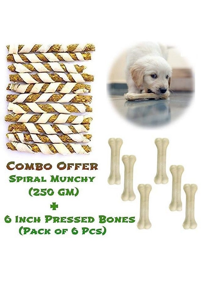 Pet'S Combo 6 Inch 6 Pcs Bone And 250 Gm Spiral Munchy Chicken Flavour Rawhide Munchy Stick For Dogs And Puppies