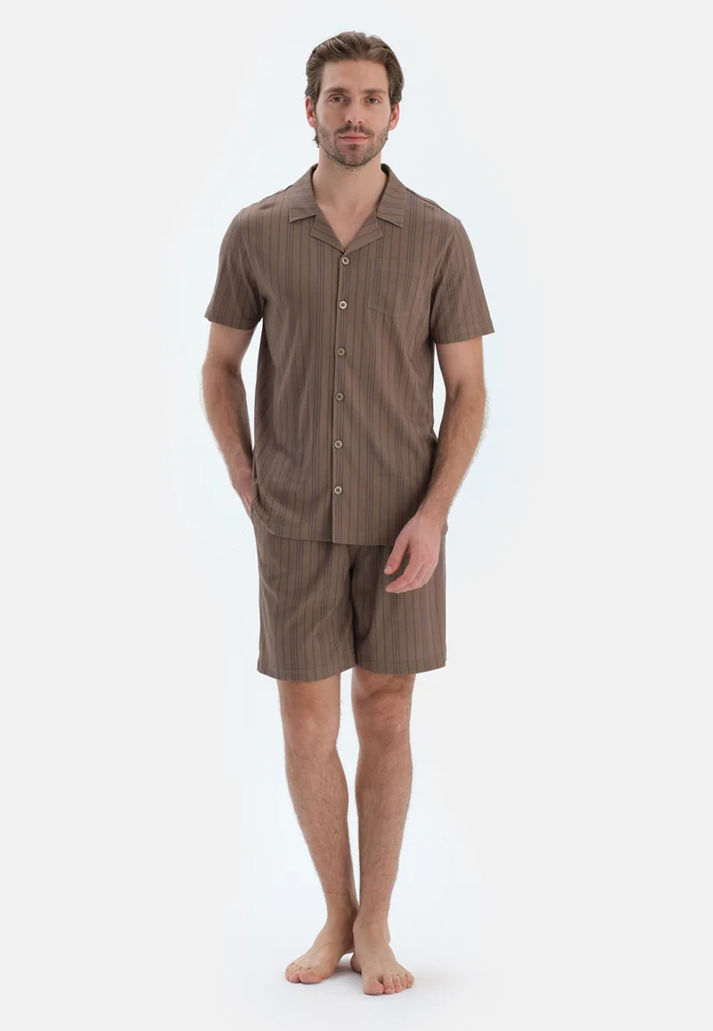 Striped Regular/Classic Fit Shirt & Shorts Pajama Sets Spread Collar Cotton Blend Sleepwear