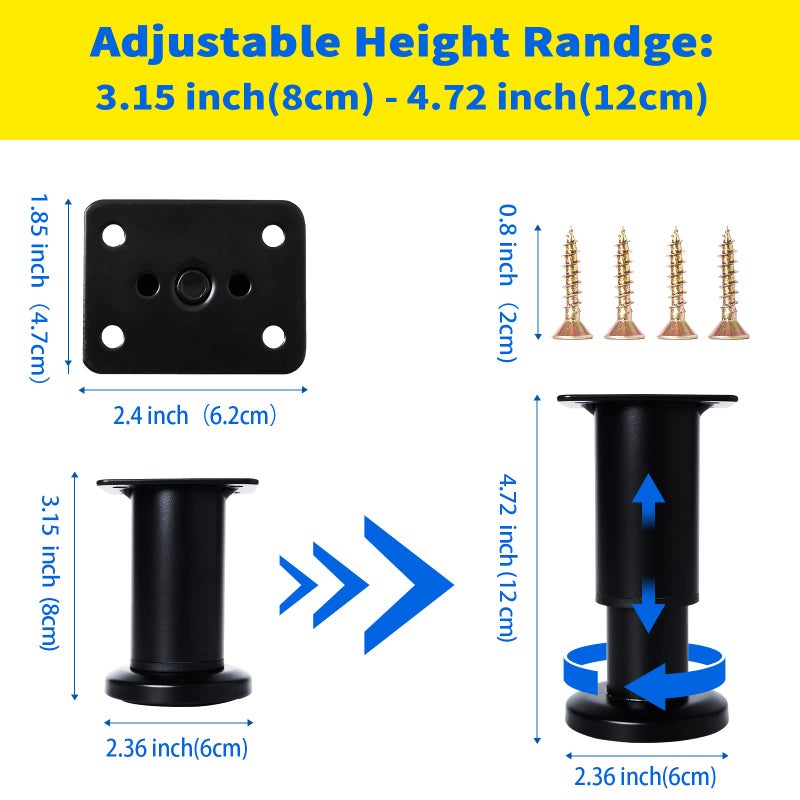 Olldag 4 Pcs Adjustable Height Furniture Support Legs [with Screws] 3.15-4.72 inch, Metal Heavy Duty Furniture Replacement Legs for Chair/Bed/Sofa/Cabinet/Couch/Dresser/Bed/Table (Black) - Image 2