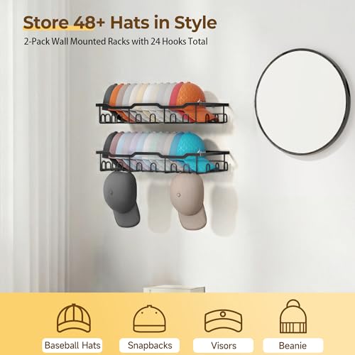 Nicetree Hat Rack for Wall - 2 Pack Metal Hat Organizer for Baseball Caps - Heavy Duty Wall Mounted Baseball Cap Organizer and Hat Storage for Closet Wall or Bedroom - Holds 48 Caps,Black - Image 2