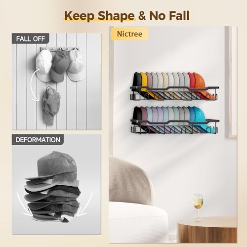 Nicetree Hat Rack for Wall - 2 Pack Metal Hat Organizer for Baseball Caps - Heavy Duty Wall Mounted Baseball Cap Organizer and Hat Storage for Closet Wall or Bedroom - Holds 48 Caps,Black - Image 3