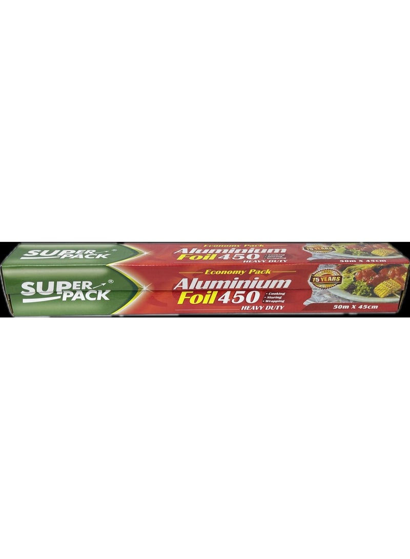 Super Pack Aluminium foil roll (45cm × 50m), heavy-duty and ideal for kitchen and restaurant use.