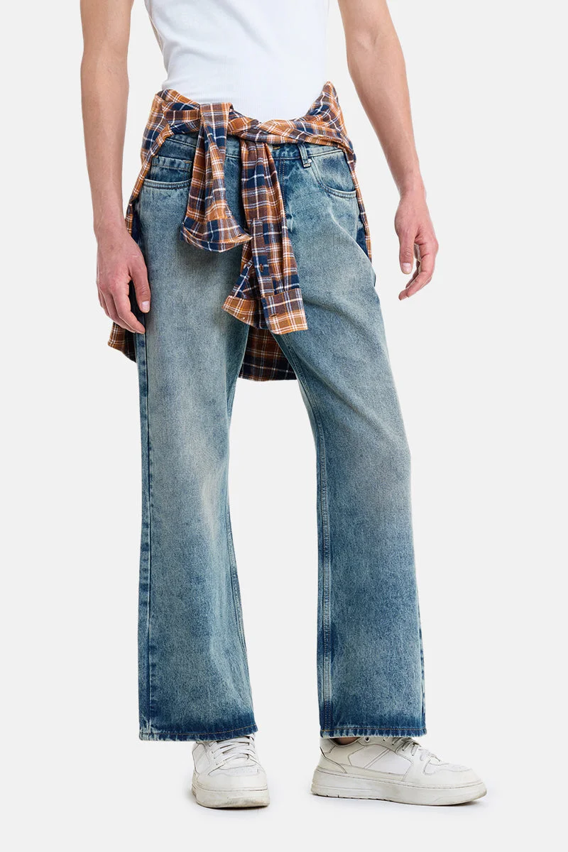 SNITCH Blue Solid Flared Fit Streetwear Jeans