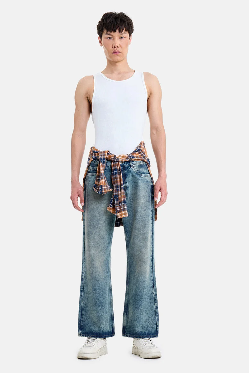 SNITCH Blue Blue Solid Flared Fit Streetwear Jeans for Men | Best Price UAE