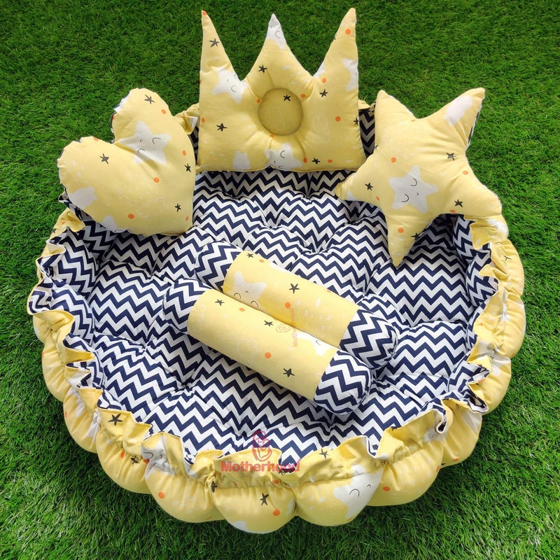 MOTHERHOOD MOTHERHOOD Round Baby Tub Bed 5 Baby Pillow Luxury Baby Mattress Bed Sleeper Bedding Set coSleeper Safe Cotton Fabric with RFilled UltraSoft Comfortable for Newborn to Toddlers Yellow - Image 1