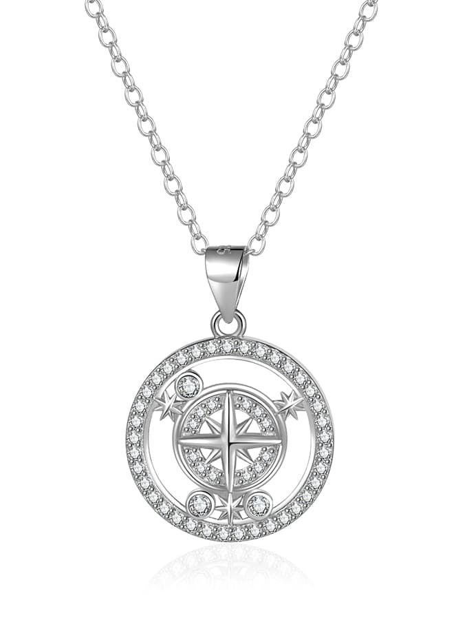 Moonmory 925 Sterling Silver Eight-pointed Star Lucky Pendant Necklace For Women With 50CM Adjustable Chain , Three Move Stone Round Pendant Long Necklace For Ramadan/Mother's Day/Holiday Gifts - Image 1