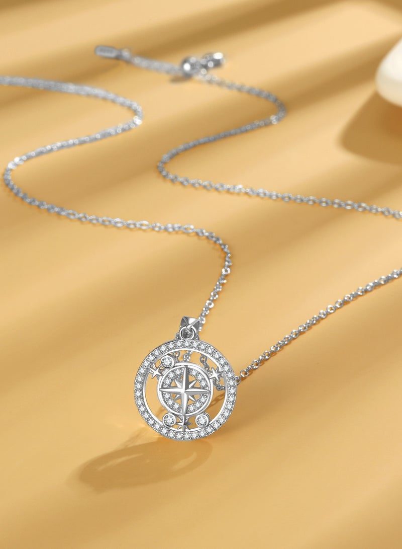 Moonmory 925 Sterling Silver Eight-pointed Star Lucky Pendant Necklace For Women With 50CM Adjustable Chain , Three Move Stone Round Pendant Long Necklace For Ramadan/Mother's Day/Holiday Gifts - Image 3