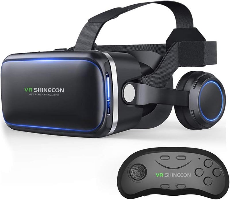 VR SHINECON نظارات الواقع الافتراضي مع جهاز تحكم عن بعد، نظارات VR ثلاثية الأبعاد عالية الدقة للواقع الافتراضي لألعاب VR والأفلام ثلاثية الأبعاد، نظارات VR متوافقة مع هواتف iPhone/Android بحجم 4.7-6 بوصة - Image 1