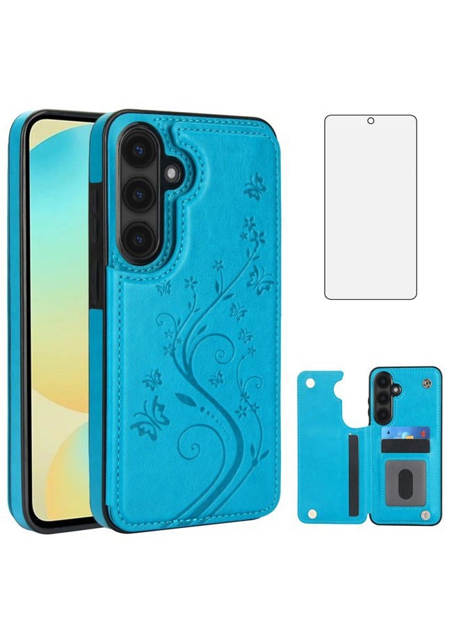 Asuwish Phone Case for Samsung Galaxy S24 FE 5G with Tempered Glass Screen Protector and Card Holder Wallet Cover Stand Flip Leather Cell Accessories S 24 EF S24FE 24S Cases Women Men Blue - Image 1