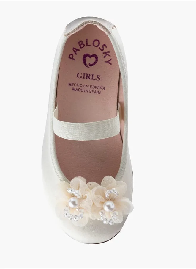 بابلوسكي Girls' Floral Accent Slip-On Ballerina Shoes with Elastic Strap