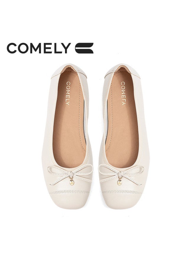 Comely Silver Ballet Style Single Shoes Women's Spring Soft Bottom Gentle Butterfly Knot French Lady Flat Shoes Beige Size 37 - Image 5