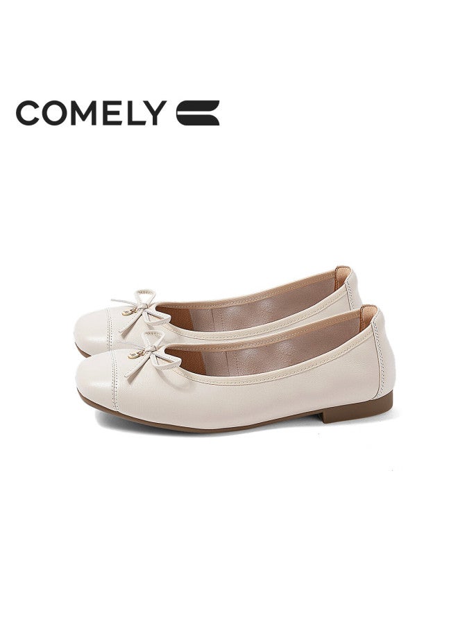 Comely Silver Ballet Style Single Shoes Women's Spring Soft Bottom Gentle Butterfly Knot French Lady Flat Shoes Beige Size 37 - Image 1