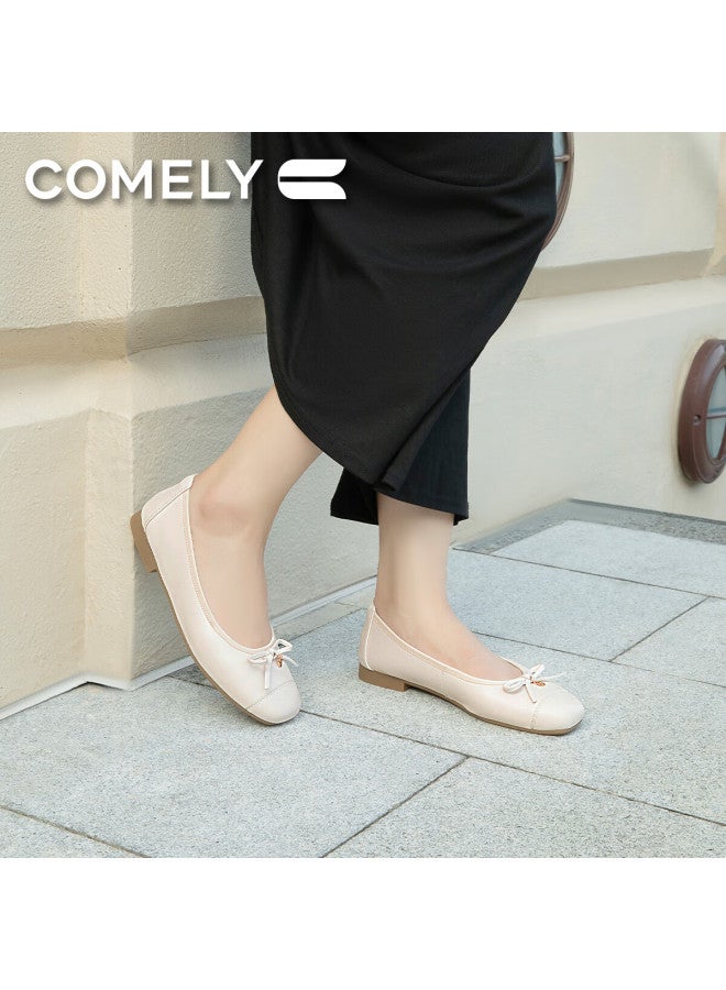 Comely Silver Ballet Style Single Shoes Women's Spring Soft Bottom Gentle Butterfly Knot French Lady Flat Shoes Beige Size 37 - Image 2