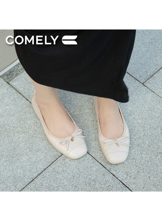 Comely Silver Ballet Style Single Shoes Women's Spring Soft Bottom Gentle Butterfly Knot French Lady Flat Shoes Beige Size 37 - Image 3