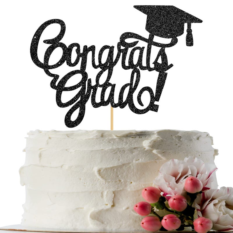 Congrats Grad Cake Topper - Black Glitter Mastered It - High School Graduation, College, University Graduation Party Decorations Supplies