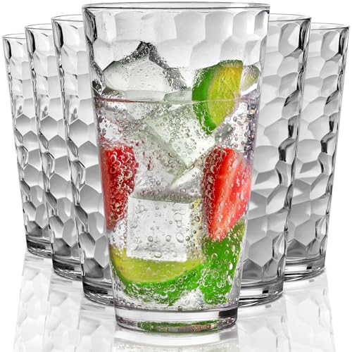 Bravario Hammered Plastic Drinking Glasses Set of 622 oz Clear Reusable Cups Durable Dishwasher Safe Highball Tumblers Stackable BPA EAFree - Image 1