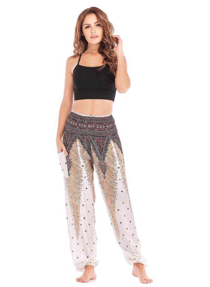 Loquat Boho Print Yoga High-waisted Pants Beige  - Image 1