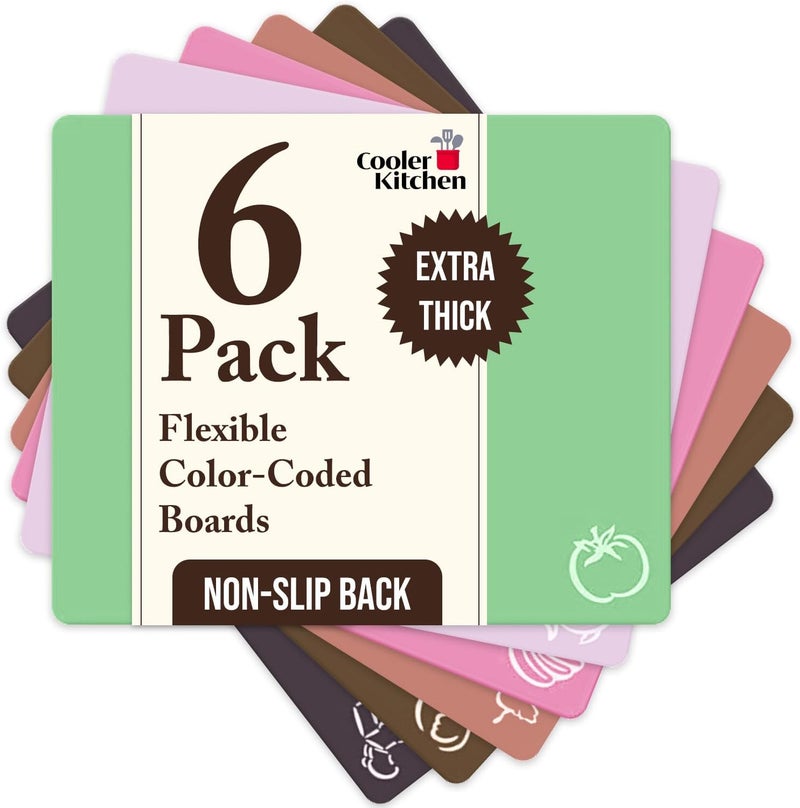 Cooler Kitchen Extra Thick Pastel Flexible Plastic Cutting Board Mats with Food Icons & EZ-Grip Waffle Back, (Set of 6) Dishwasher Safe. Cutting Boards for Kitchen, Cutting Mat, Plastic Cutting Boards - Image 1