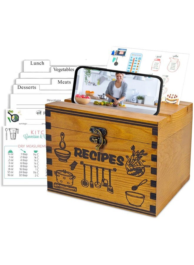 GoShambar Wooden Recipe Box with Cards and Dividers, 4x6 Recipe Card Box Set, Recipe Organizer with Double Lid Slots (Phone Holder & Recipe Holder) - Image 1