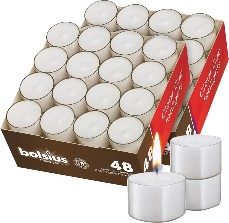 Tea Light Candles in Clear Cups - 2 Packs = Total 96 Candles - 8 Hours - Premium European Quality - Consistent Smokeless Flame - Unscented Tealights