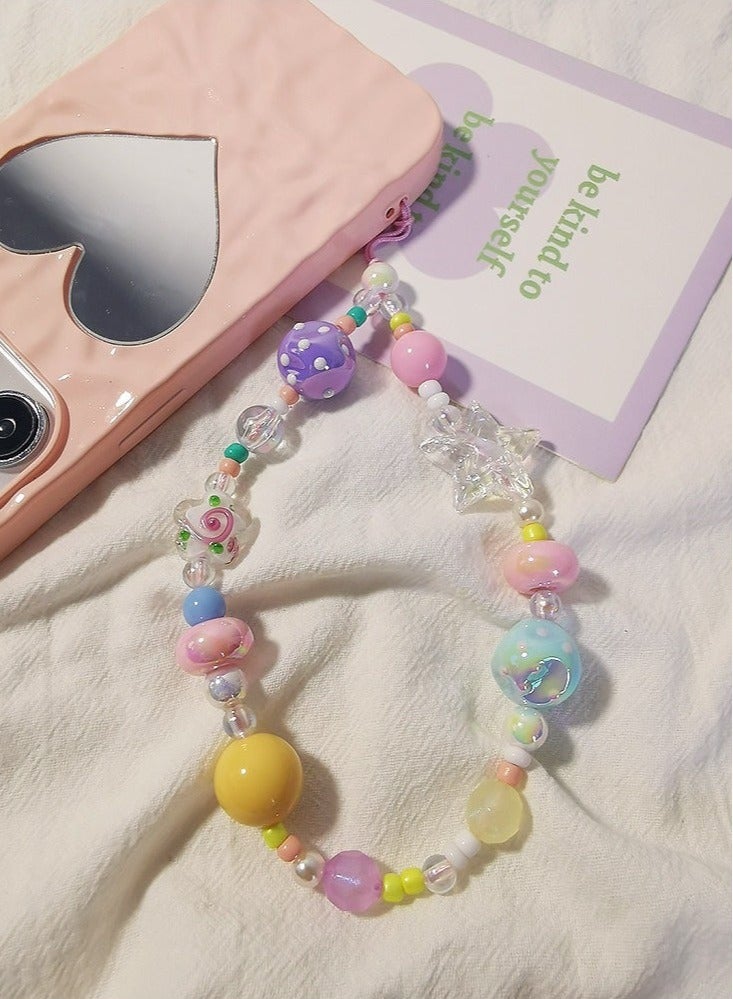 2 PCS Beaded phone charm strap, bracelet-style wrist lanyard, cute camera charm strap, handmade phone case accessories (flowers, stars)  - Image 3